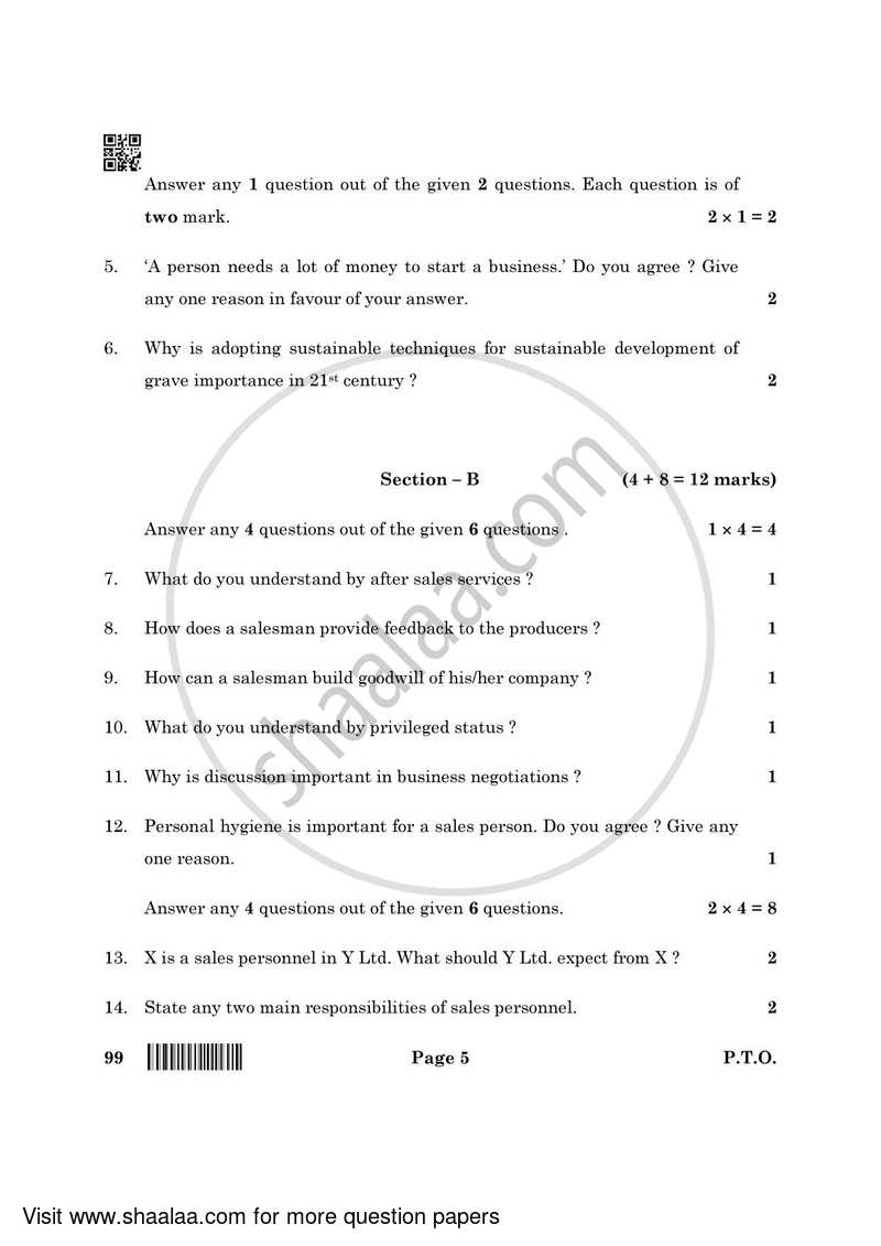 Marketing and Sales 2021-2022 Class 10 - CBSE (Central Board of Secondary Education) question paper with PDF download