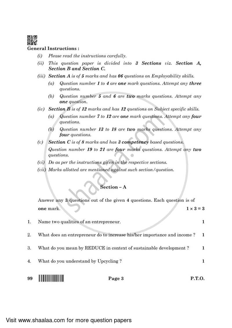 Marketing and Sales 2021-2022 Class 10 - CBSE (Central Board of Secondary Education) question paper with PDF download