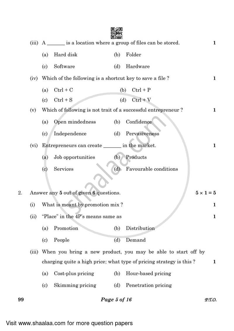 Marketing and Sales 2022-2023 Class 10 - CBSE (Central Board of Secondary Education) question paper with PDF download