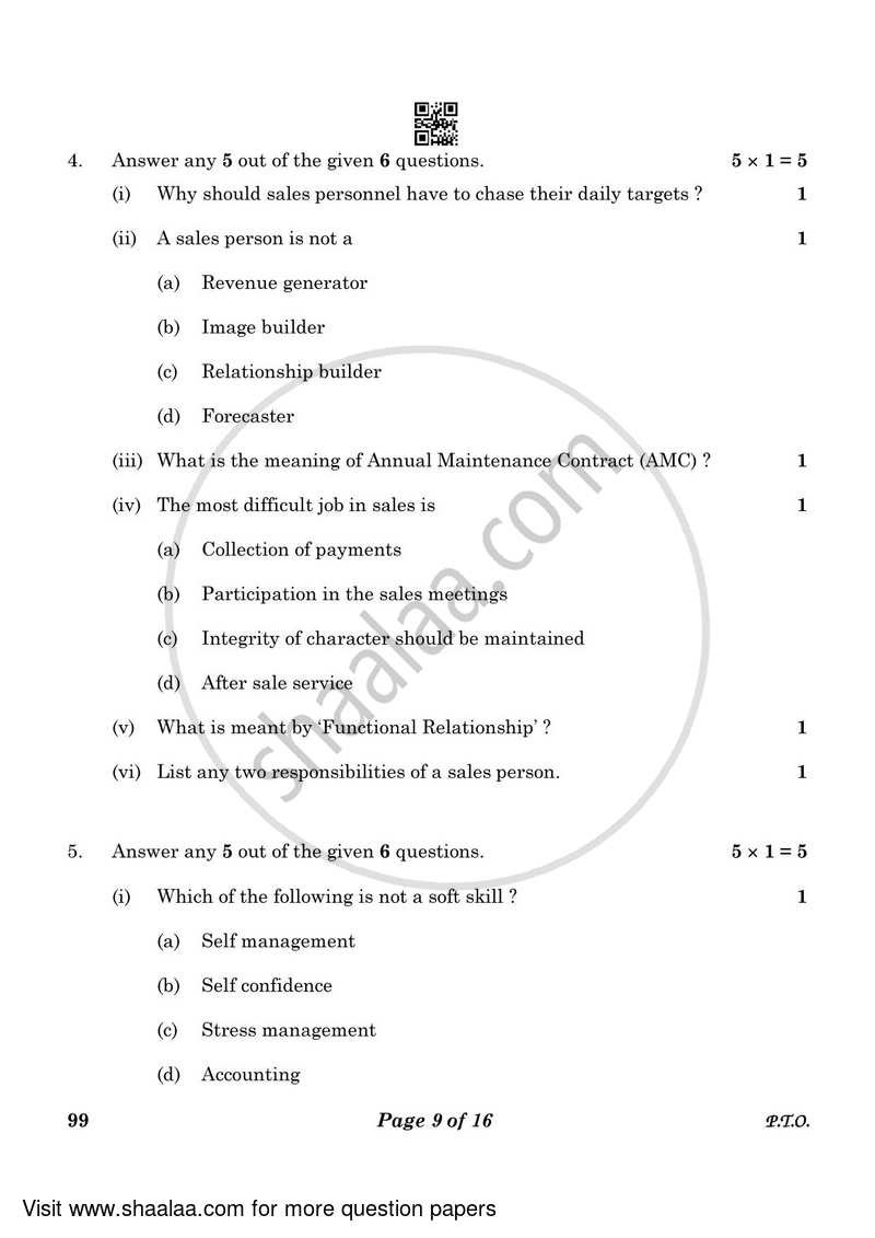Marketing and Sales 2022-2023 Class 10 - CBSE (Central Board of Secondary Education) question paper with PDF download