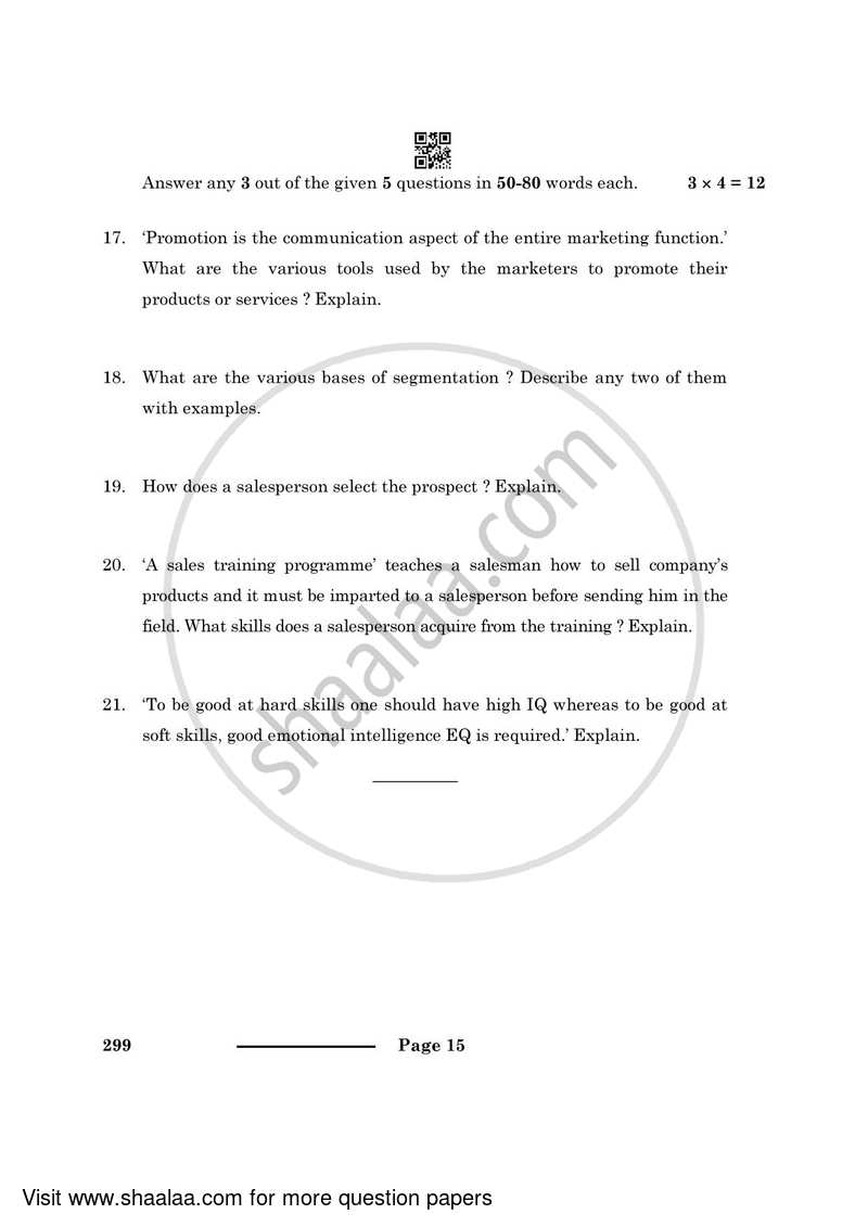 Marketing and Sales 2023-2024 Class 10 - CBSE (Central Board of Secondary Education) question paper with PDF download