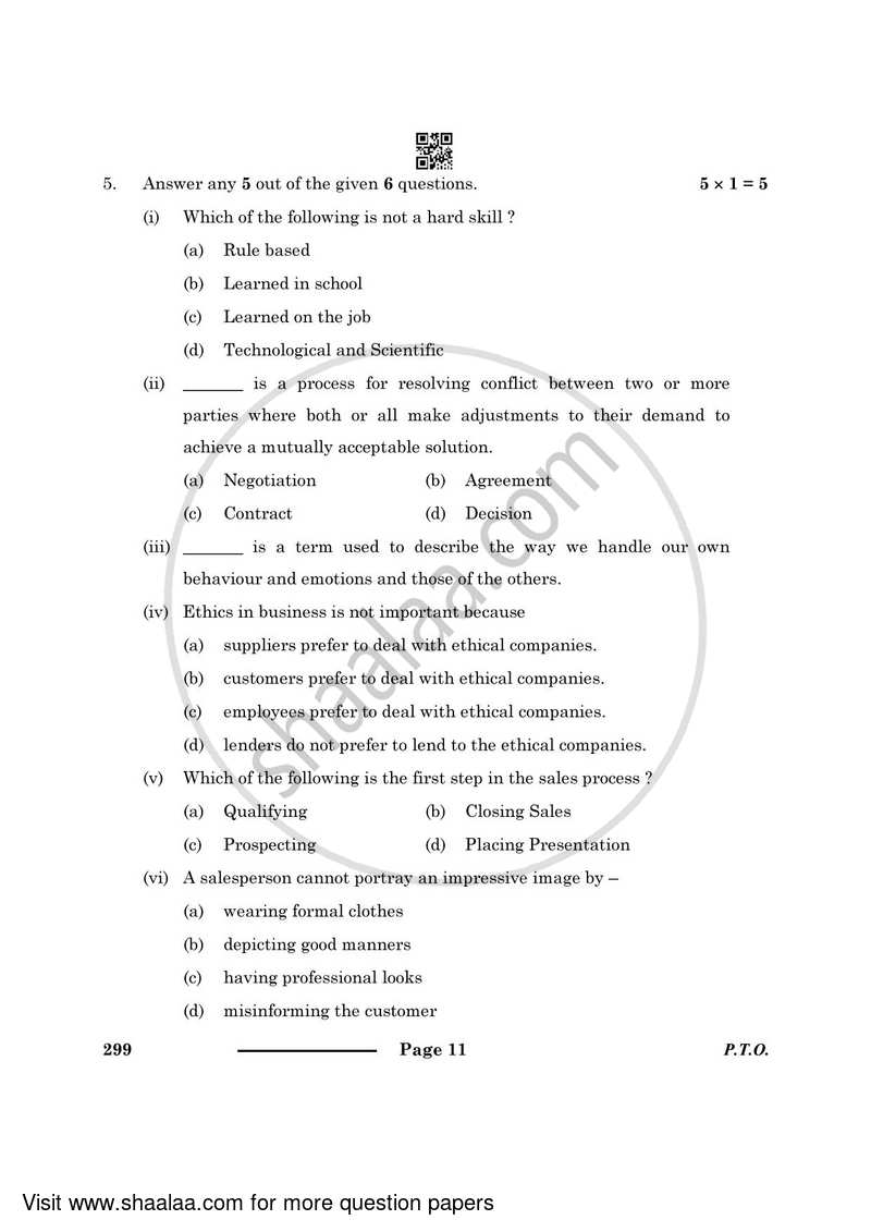 Marketing and Sales 2023-2024 Class 10 - CBSE (Central Board of Secondary Education) question paper with PDF download