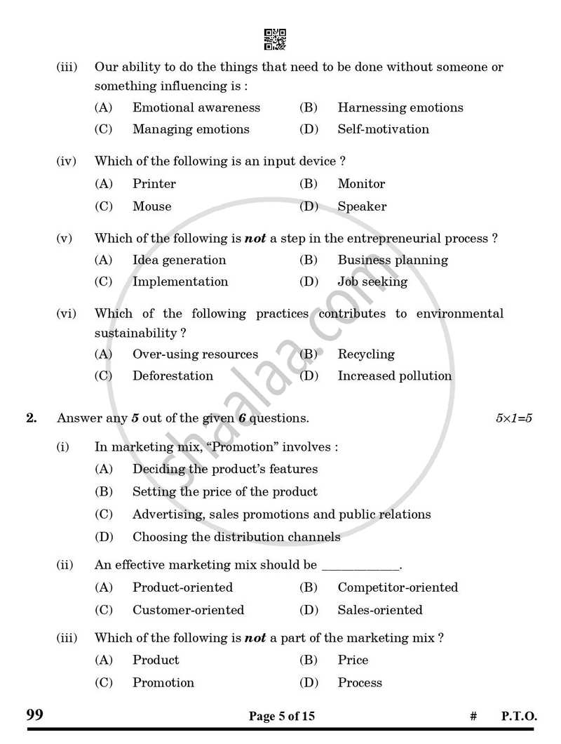 Marketing and Sales 2024-2025 Class 10 - CBSE (Central Board of Secondary Education) question paper with PDF download