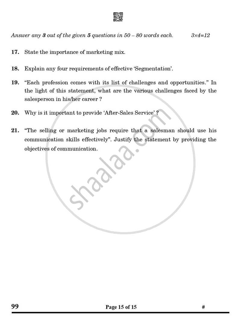 Marketing and Sales 2024-2025 Class 10 - CBSE (Central Board of Secondary Education) question paper with PDF download