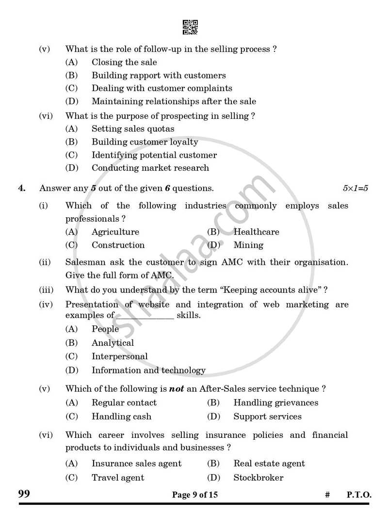 Marketing and Sales 2024-2025 Class 10 - CBSE (Central Board of Secondary Education) question paper with PDF download