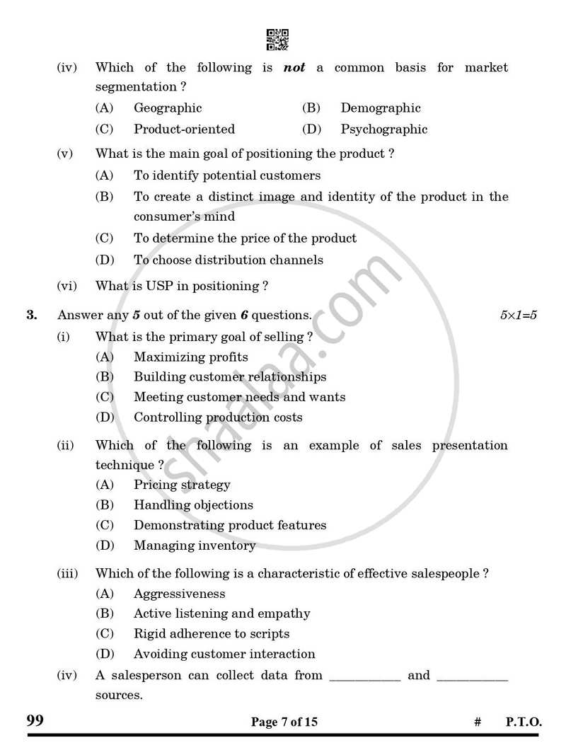 Marketing and Sales 2024-2025 Class 10 - CBSE (Central Board of Secondary Education) question paper with PDF download