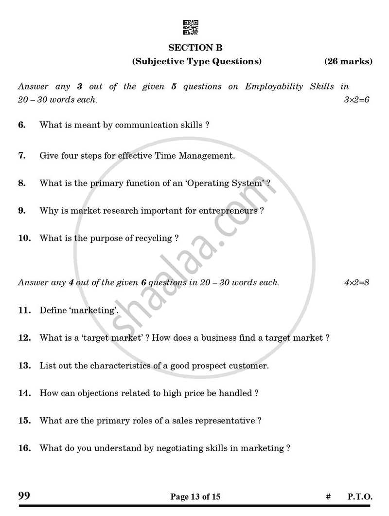 Marketing and Sales 2024-2025 Class 10 - CBSE (Central Board of Secondary Education) question paper with PDF download