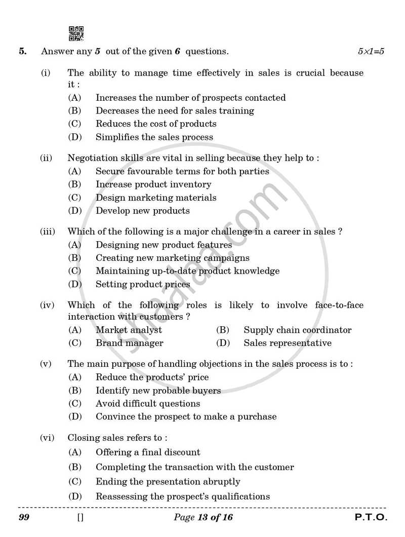 Marketing and Sales 2025-2026 Class 10 - CBSE (Central Board of Secondary Education) question paper with PDF download