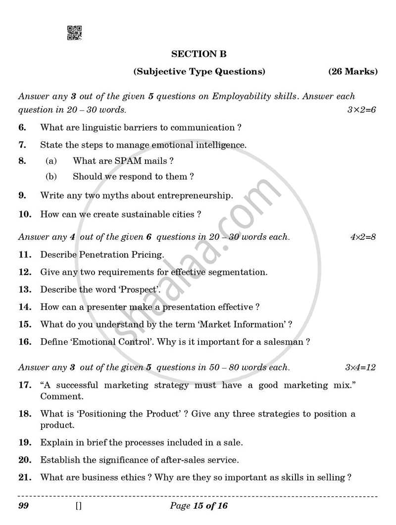 Marketing and Sales 2025-2026 Class 10 - CBSE (Central Board of Secondary Education) question paper with PDF download