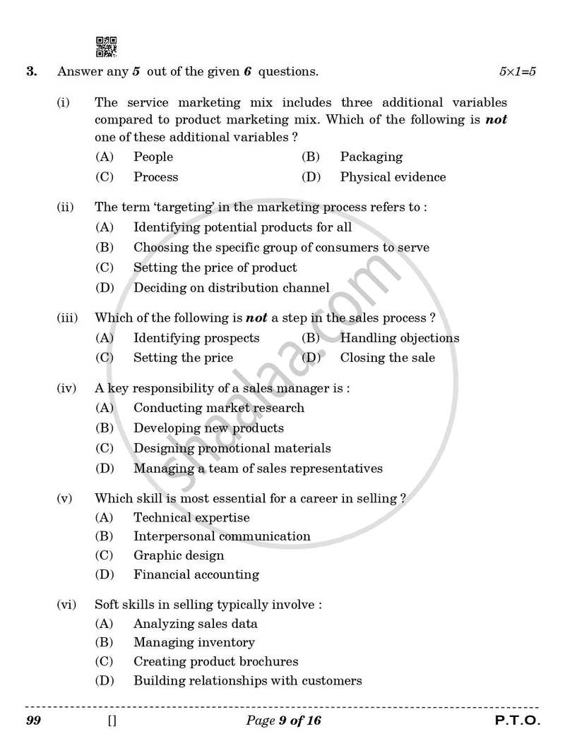 Marketing and Sales 2025-2026 Class 10 - CBSE (Central Board of Secondary Education) question paper with PDF download