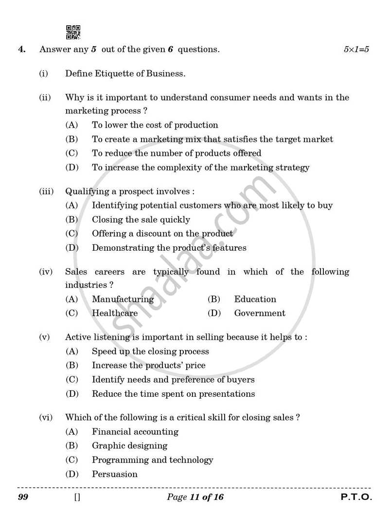 Marketing and Sales 2025-2026 Class 10 - CBSE (Central Board of Secondary Education) question paper with PDF download