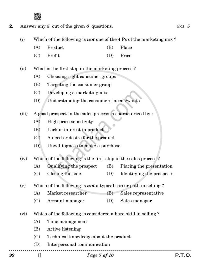 Marketing and Sales 2025-2026 Class 10 - CBSE (Central Board of Secondary Education) question paper with PDF download
