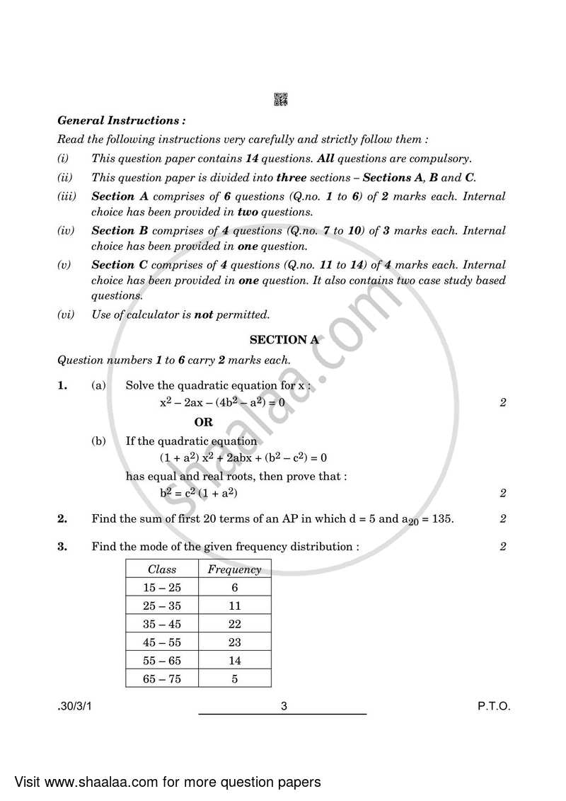 Mathematics 2021-2022 Class 10 - CBSE (Central Board of Secondary Education) question paper with PDF download