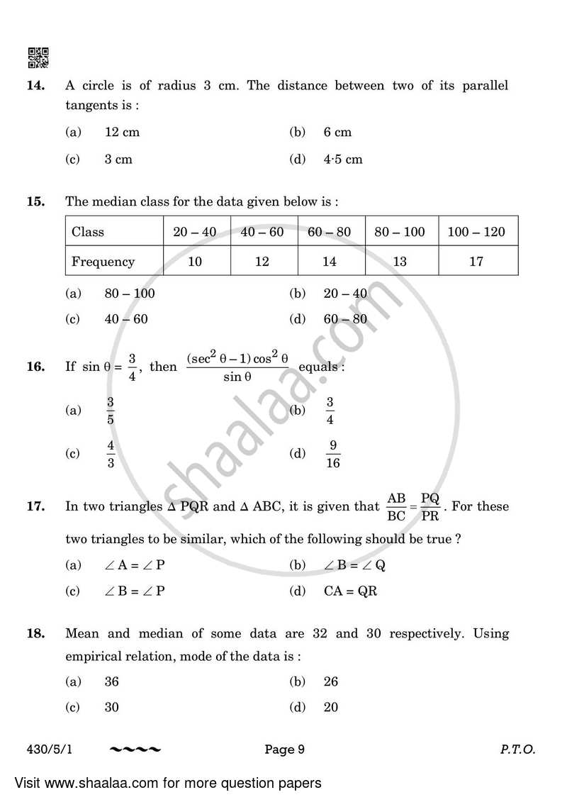 Mathematics 2022-2023 Class 10 - CBSE (Central Board of Secondary Education) question paper with PDF download