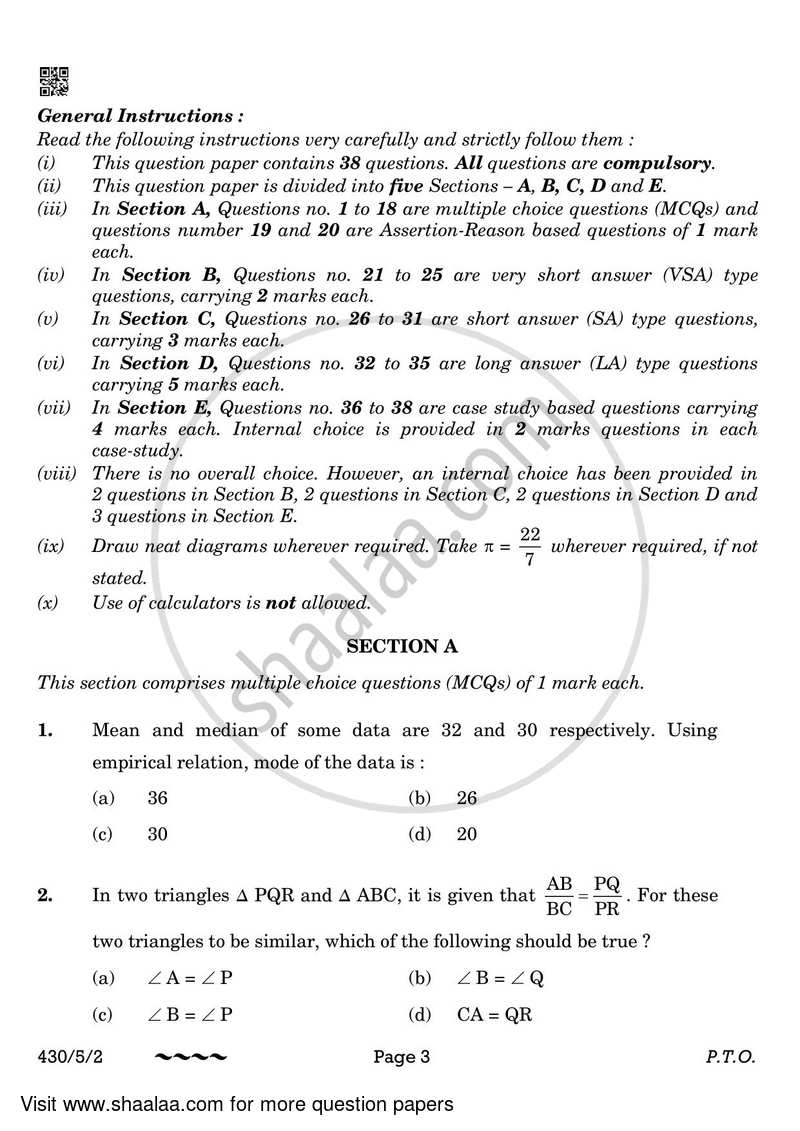 Mathematics 2022-2023 Class 10 - CBSE (Central Board of Secondary Education) question paper with PDF download