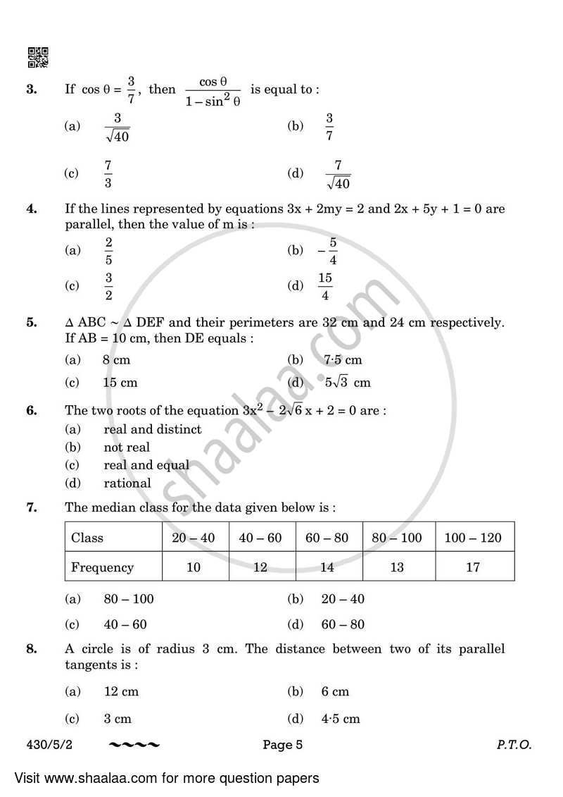Mathematics 2022-2023 Class 10 - CBSE (Central Board of Secondary Education) question paper with PDF download