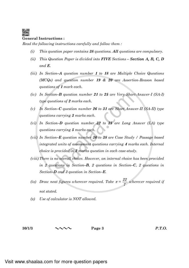 Mathematics 2022-2023 Class 10 - CBSE (Central Board of Secondary Education) question paper with PDF download