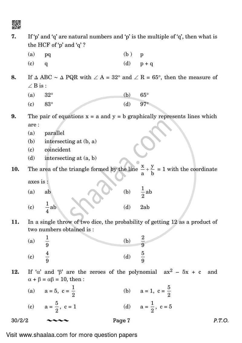 Mathematics 2022-2023 Class 10 - CBSE (Central Board of Secondary Education) question paper with PDF download