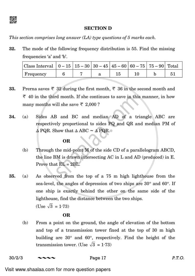 Mathematics 2022-2023 Class 10 - CBSE (Central Board of Secondary Education) question paper with PDF download