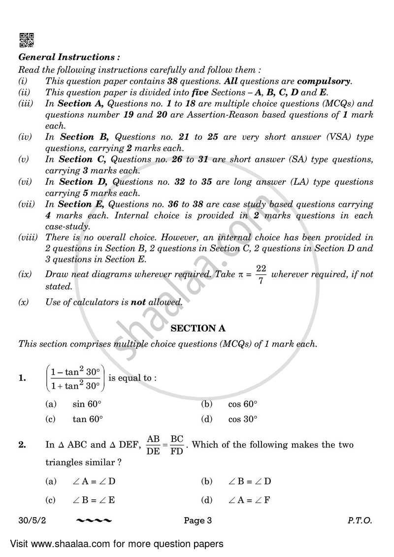 Mathematics 2022-2023 Class 10 - CBSE (Central Board of Secondary Education) question paper with PDF download