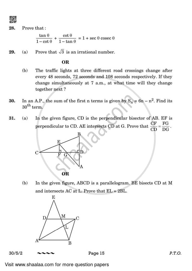Mathematics 2022-2023 Class 10 - CBSE (Central Board of Secondary Education) question paper with PDF download