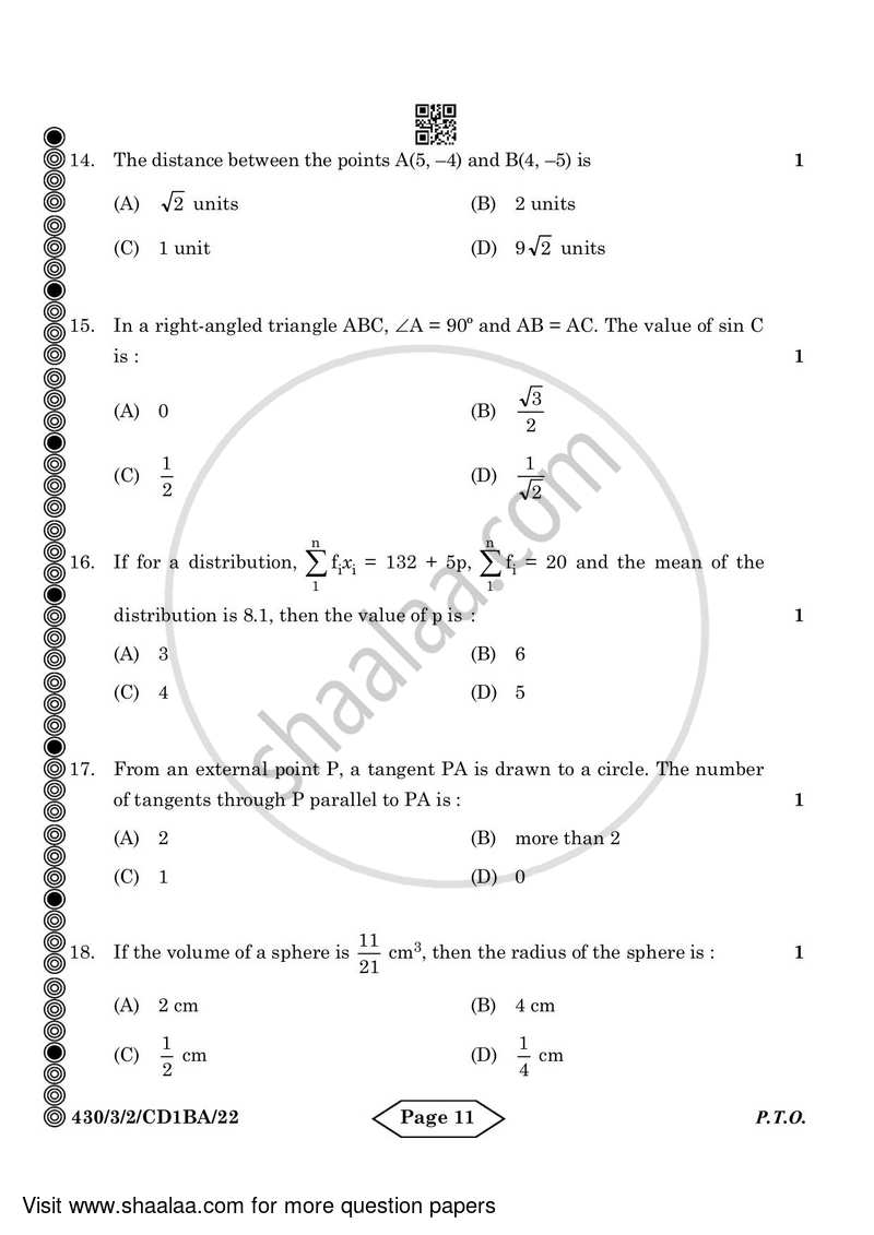 Mathematics 2023-2024 Class 10 - CBSE (Central Board of Secondary Education) question paper with PDF download