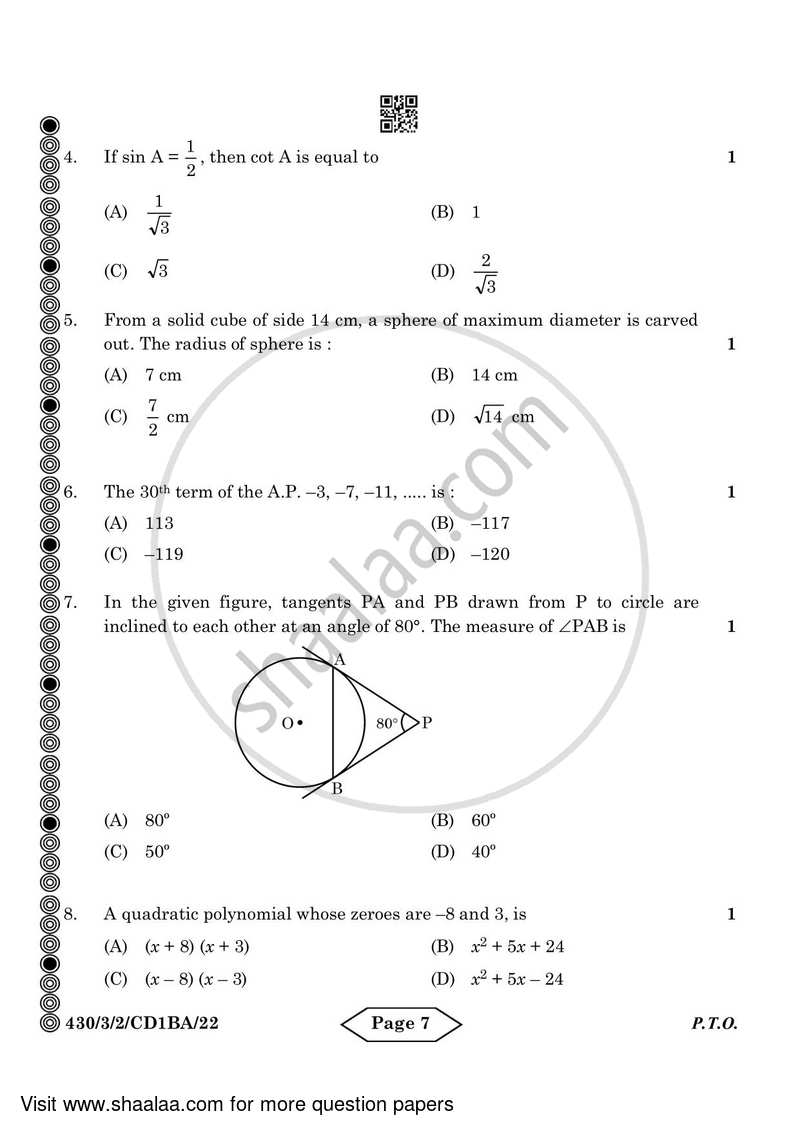 Mathematics 2023-2024 Class 10 - CBSE (Central Board of Secondary Education) question paper with PDF download