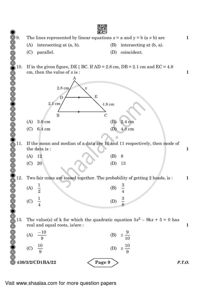 Mathematics 2023-2024 Class 10 - CBSE (Central Board of Secondary Education) question paper with PDF download