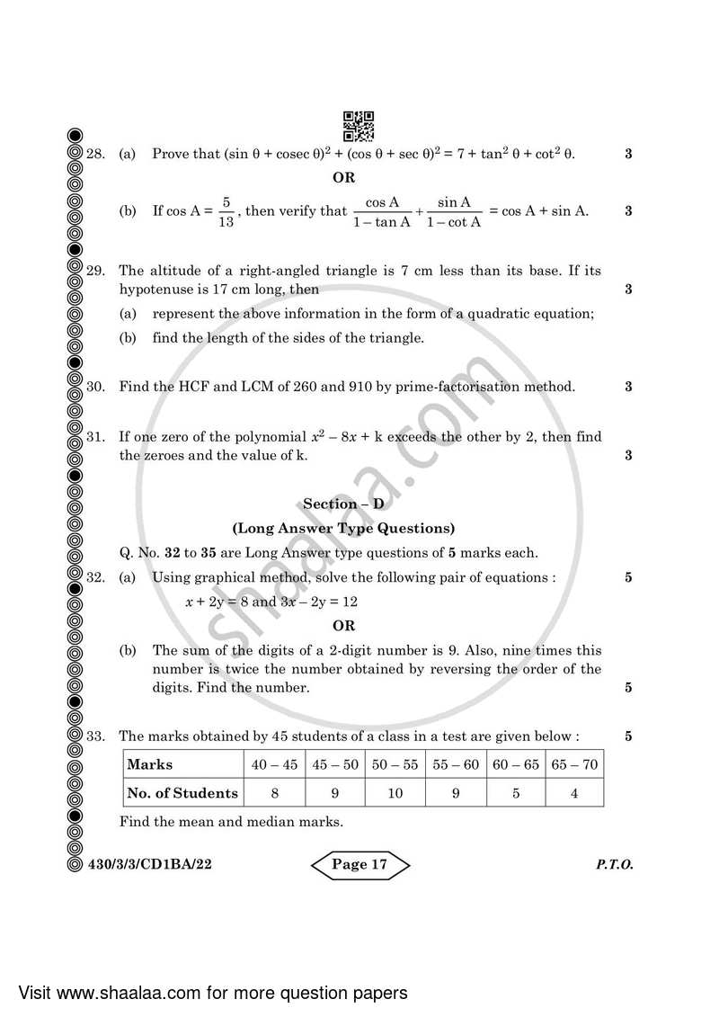 Mathematics 2023-2024 Class 10 - CBSE (Central Board of Secondary Education) question paper with PDF download