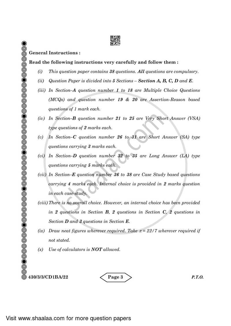 Mathematics 2023-2024 Class 10 - CBSE (Central Board of Secondary Education) question paper with PDF download