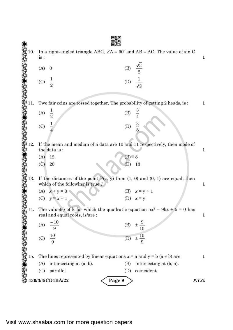 Mathematics 2023-2024 Class 10 - CBSE (Central Board of Secondary Education) question paper with PDF download