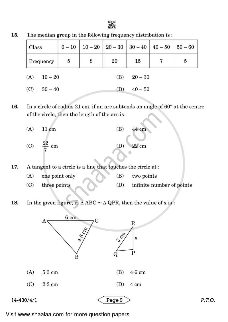 Mathematics 2023-2024 Class 10 - CBSE (Central Board of Secondary Education) question paper with PDF download