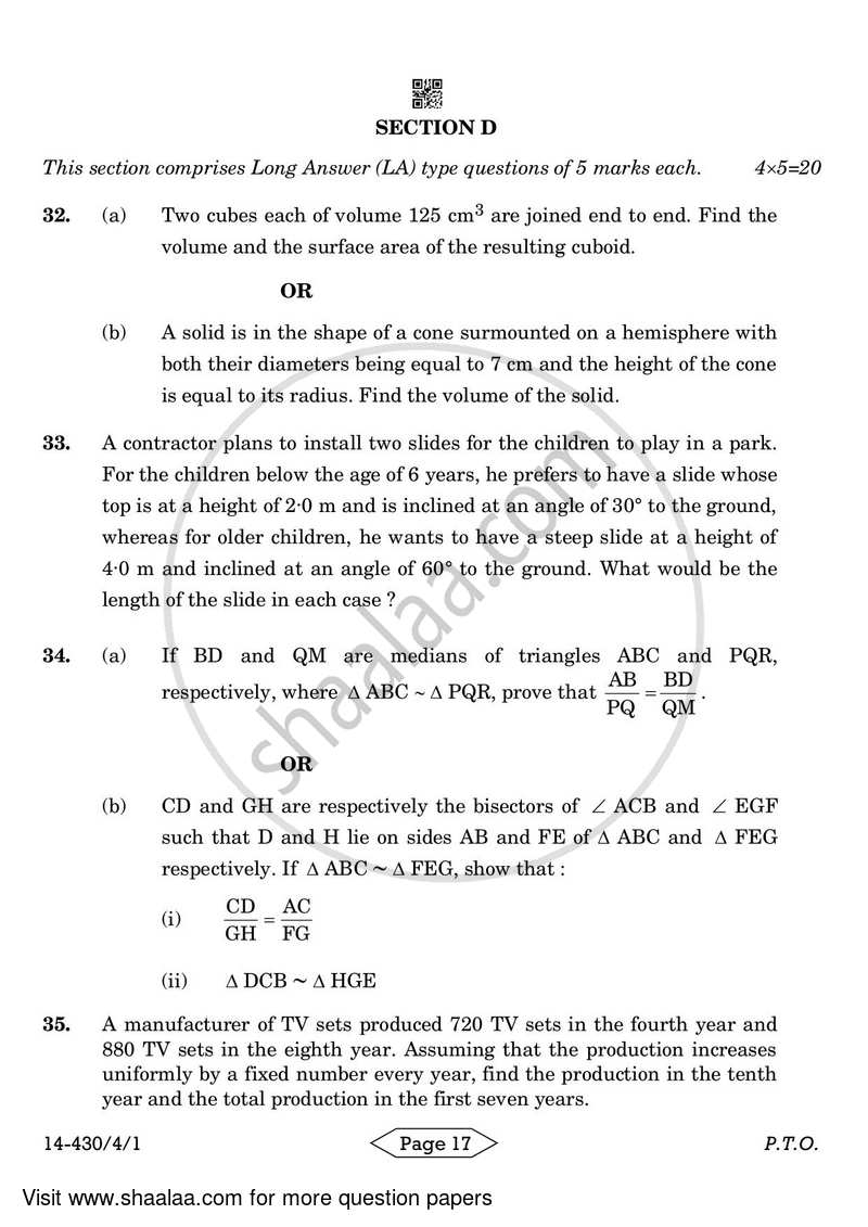 Mathematics 2023-2024 Class 10 - CBSE (Central Board of Secondary Education) question paper with PDF download