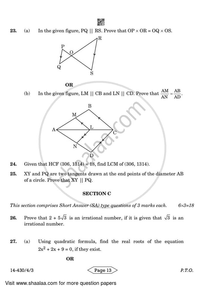 Mathematics 2023-2024 Class 10 - CBSE (Central Board of Secondary Education) question paper with PDF download