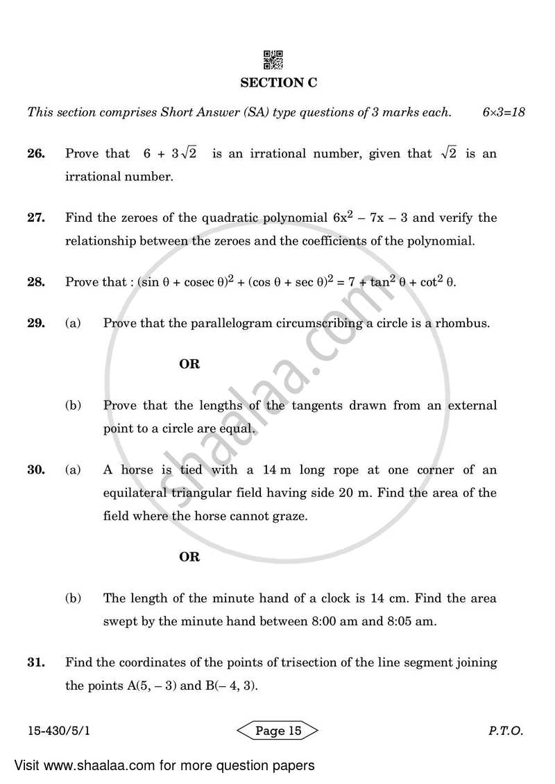 Mathematics 2023-2024 Class 10 - CBSE (Central Board of Secondary Education) question paper with PDF download