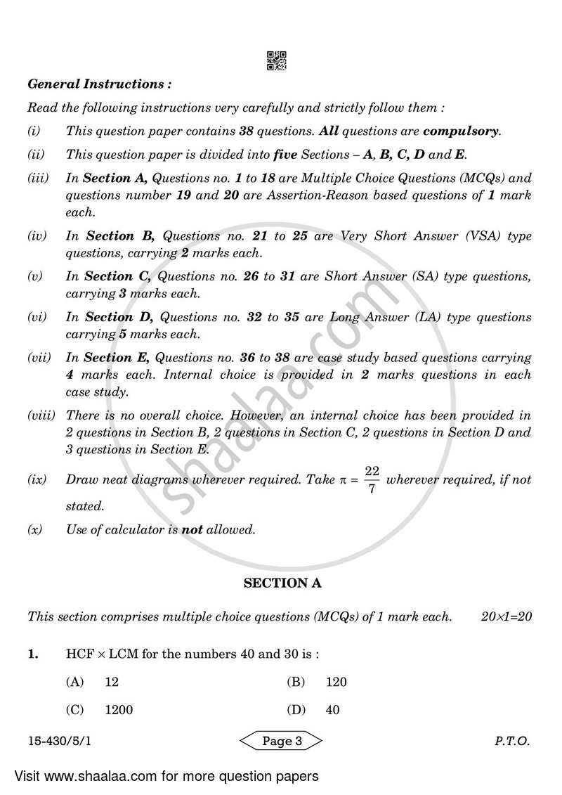 Mathematics 2023-2024 Class 10 - CBSE (Central Board of Secondary Education) question paper with PDF download