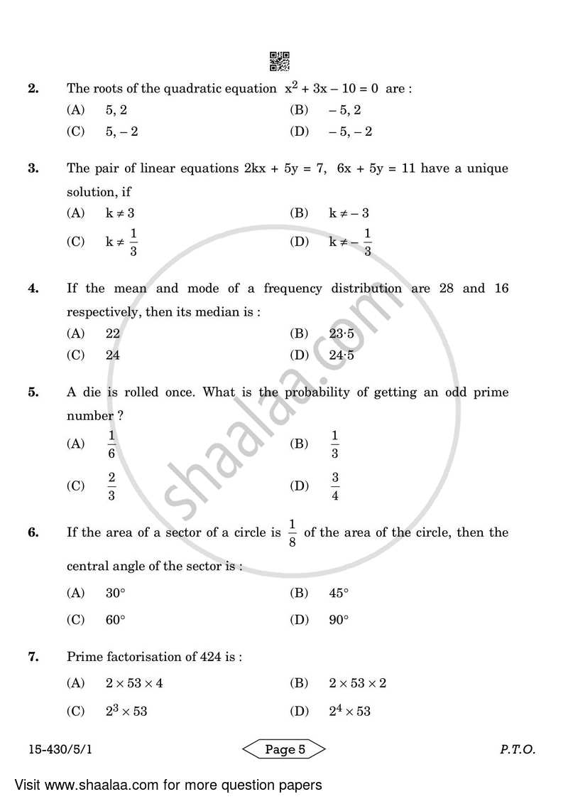 Mathematics 2023-2024 Class 10 - CBSE (Central Board of Secondary Education) question paper with PDF download