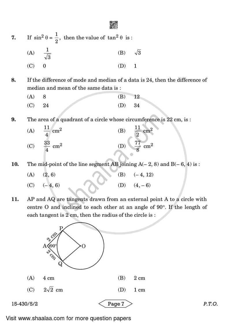 Mathematics 2023-2024 Class 10 - CBSE (Central Board of Secondary Education) question paper with PDF download