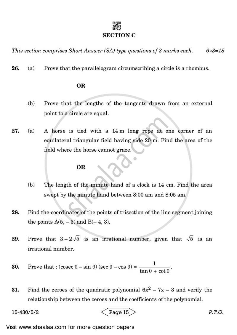 Mathematics 2023-2024 Class 10 - CBSE (Central Board of Secondary Education) question paper with PDF download
