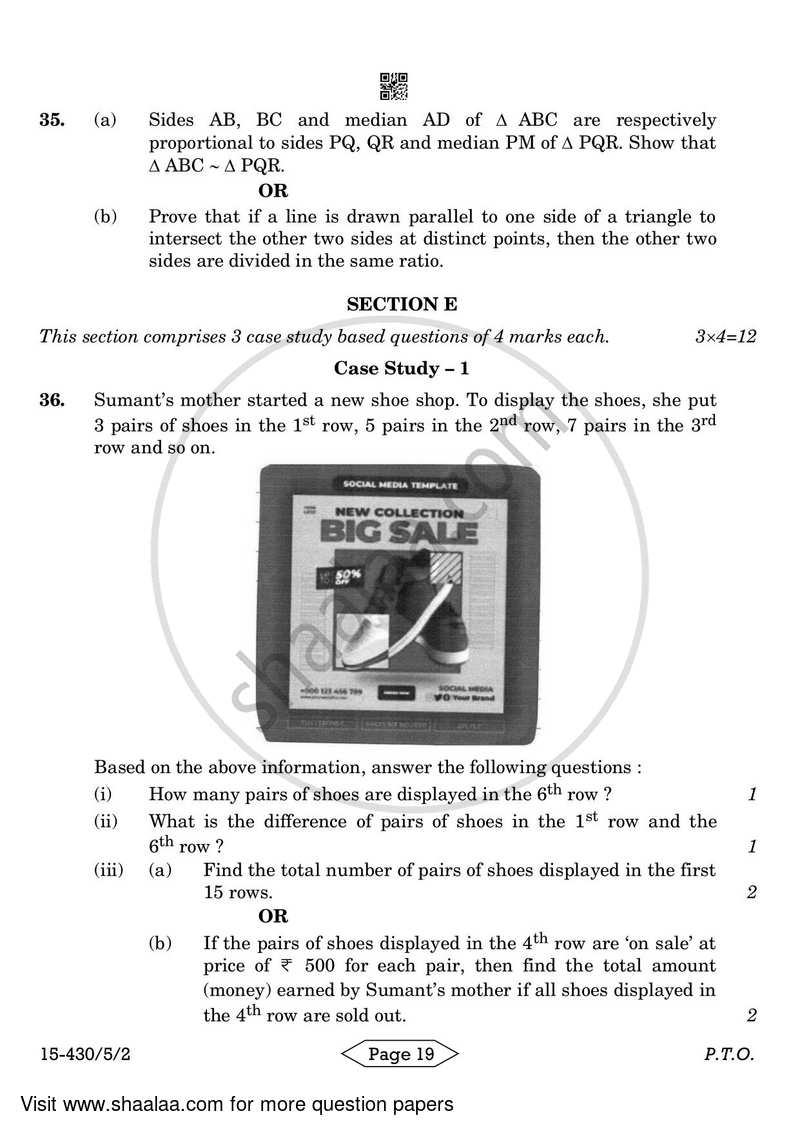 Mathematics 2023-2024 Class 10 - CBSE (Central Board of Secondary Education) question paper with PDF download