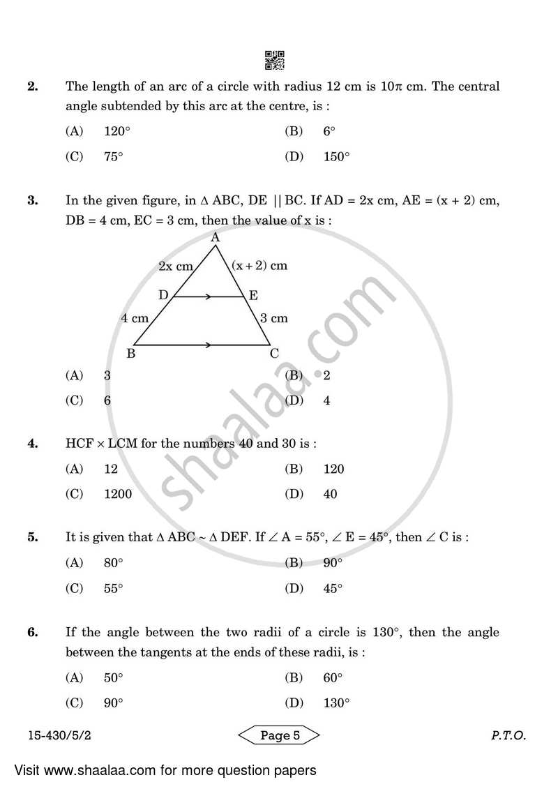 Mathematics 2023-2024 Class 10 - CBSE (Central Board of Secondary Education) question paper with PDF download