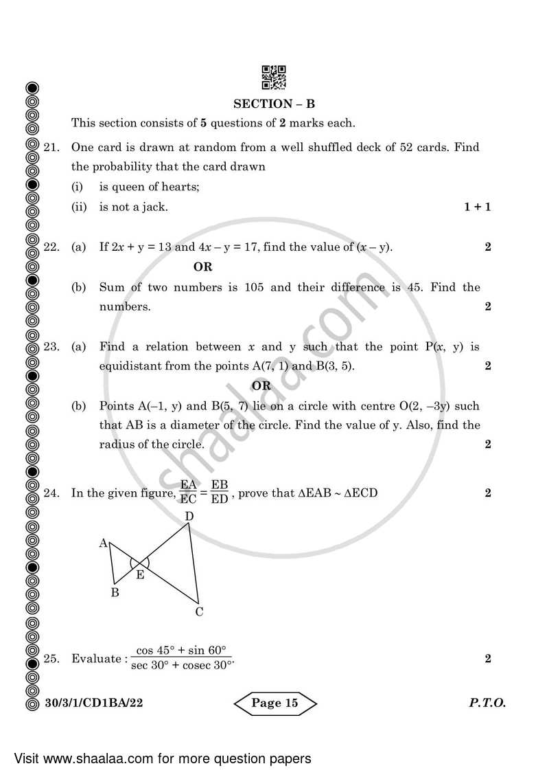 Mathematics 2023-2024 Class 10 - CBSE (Central Board of Secondary Education) question paper with PDF download