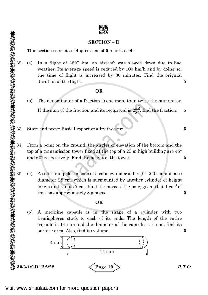 Mathematics 2023-2024 Class 10 - CBSE (Central Board of Secondary Education) question paper with PDF download