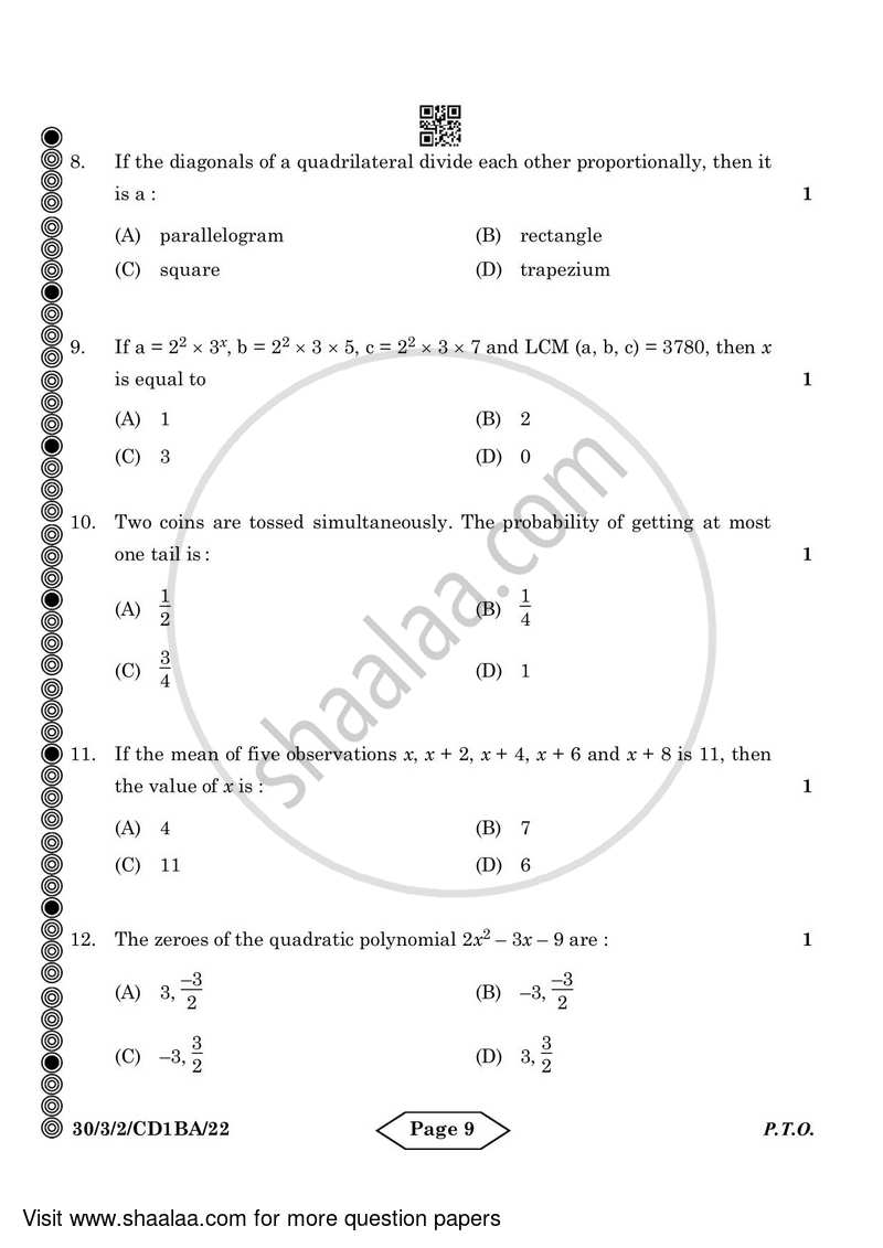 Mathematics 2023-2024 Class 10 - CBSE (Central Board of Secondary Education) question paper with PDF download
