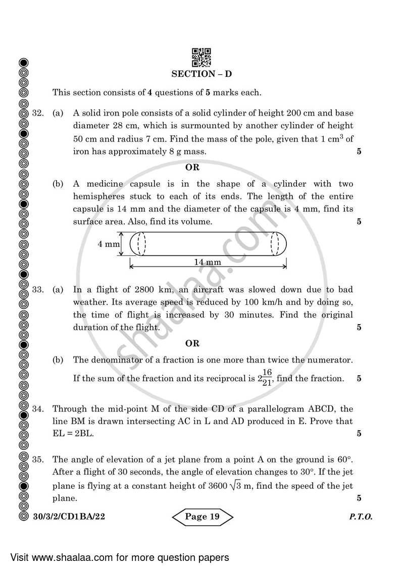 Mathematics 2023-2024 Class 10 - CBSE (Central Board of Secondary Education) question paper with PDF download