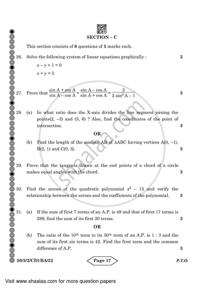 Mathematics 2023-2024 Class 10 - CBSE (Central Board of Secondary Education) question paper with PDF download