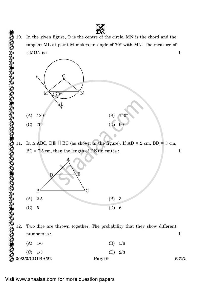 Mathematics 2023-2024 Class 10 - CBSE (Central Board of Secondary Education) question paper with PDF download