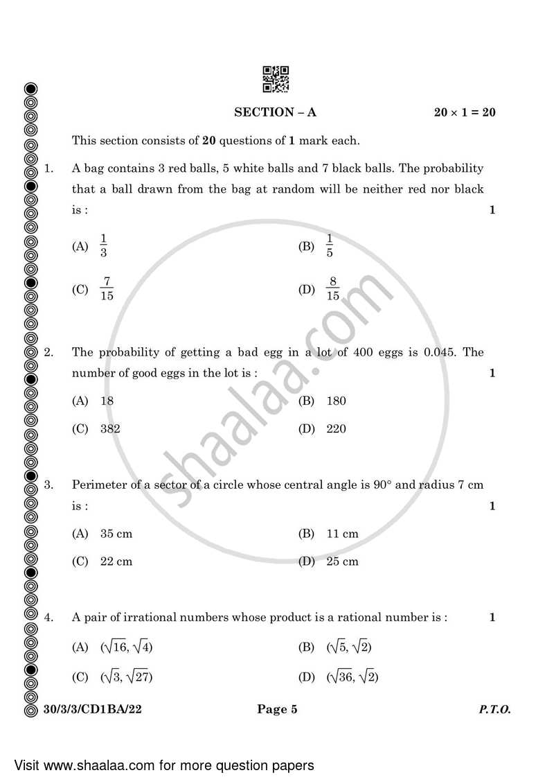 Mathematics 2023-2024 Class 10 - CBSE (Central Board of Secondary Education) question paper with PDF download
