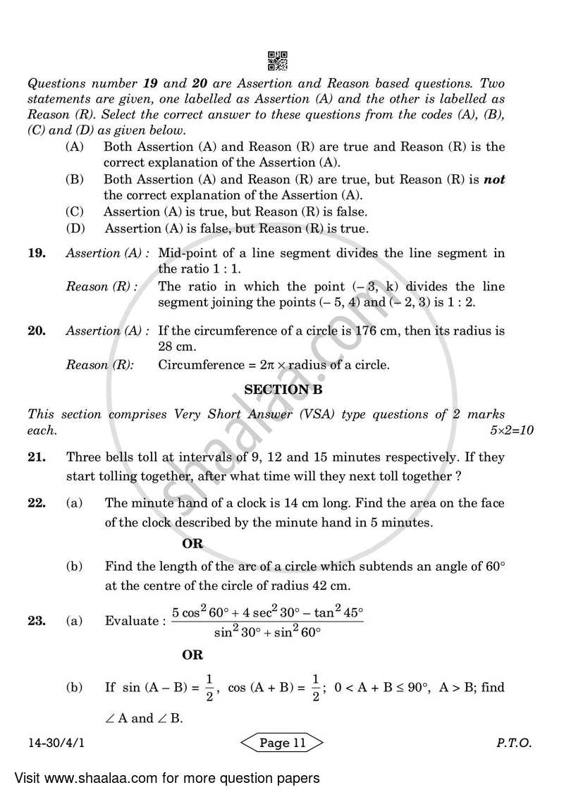 Mathematics 2023-2024 Class 10 - CBSE (Central Board of Secondary Education) question paper with PDF download