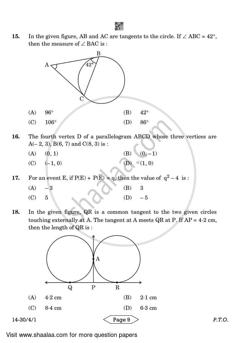 Mathematics 2023-2024 Class 10 - CBSE (Central Board of Secondary Education) question paper with PDF download